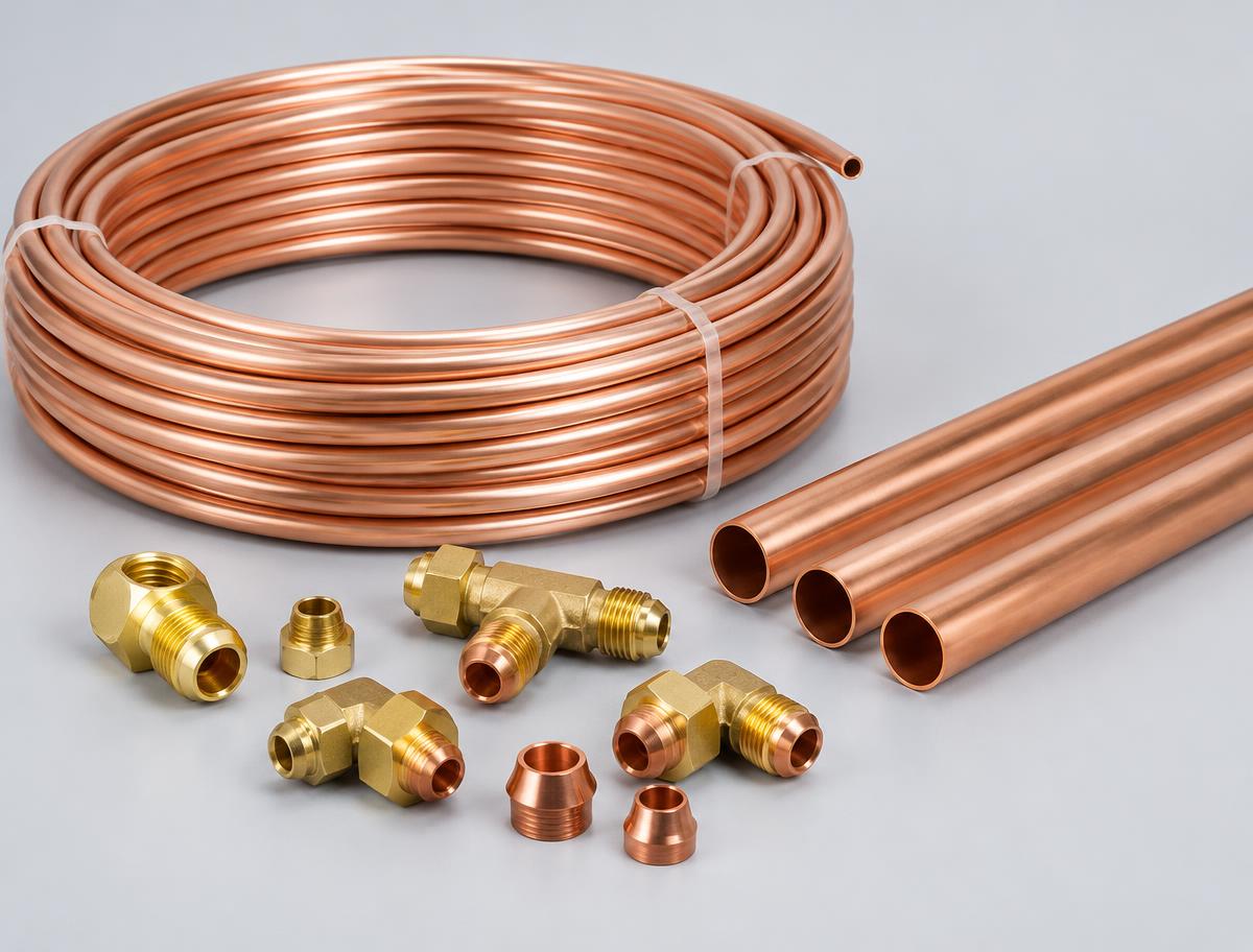 A coil of copper tubing, straight copper pipes and brass fittings